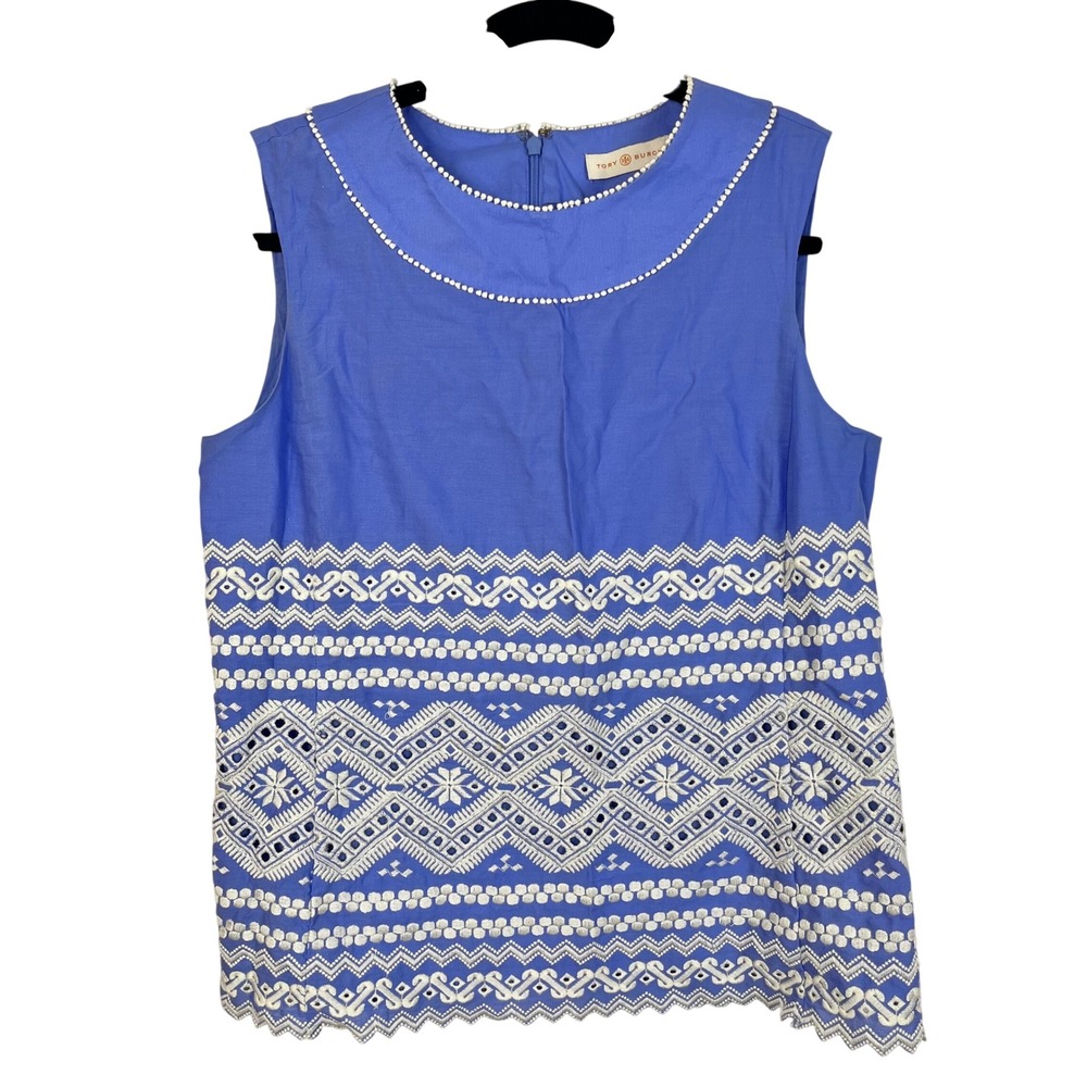 Tory Burch Blue Sleeveless Embroidered 100% Cotton Top Size 8 (B681)